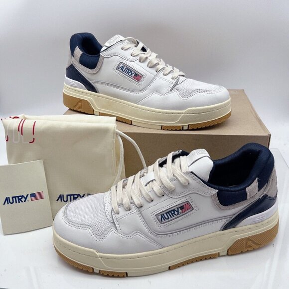 Autry CLC Men’s Fashion Designer Sneakers White Blue Leather Lace Up EU 45 US 12